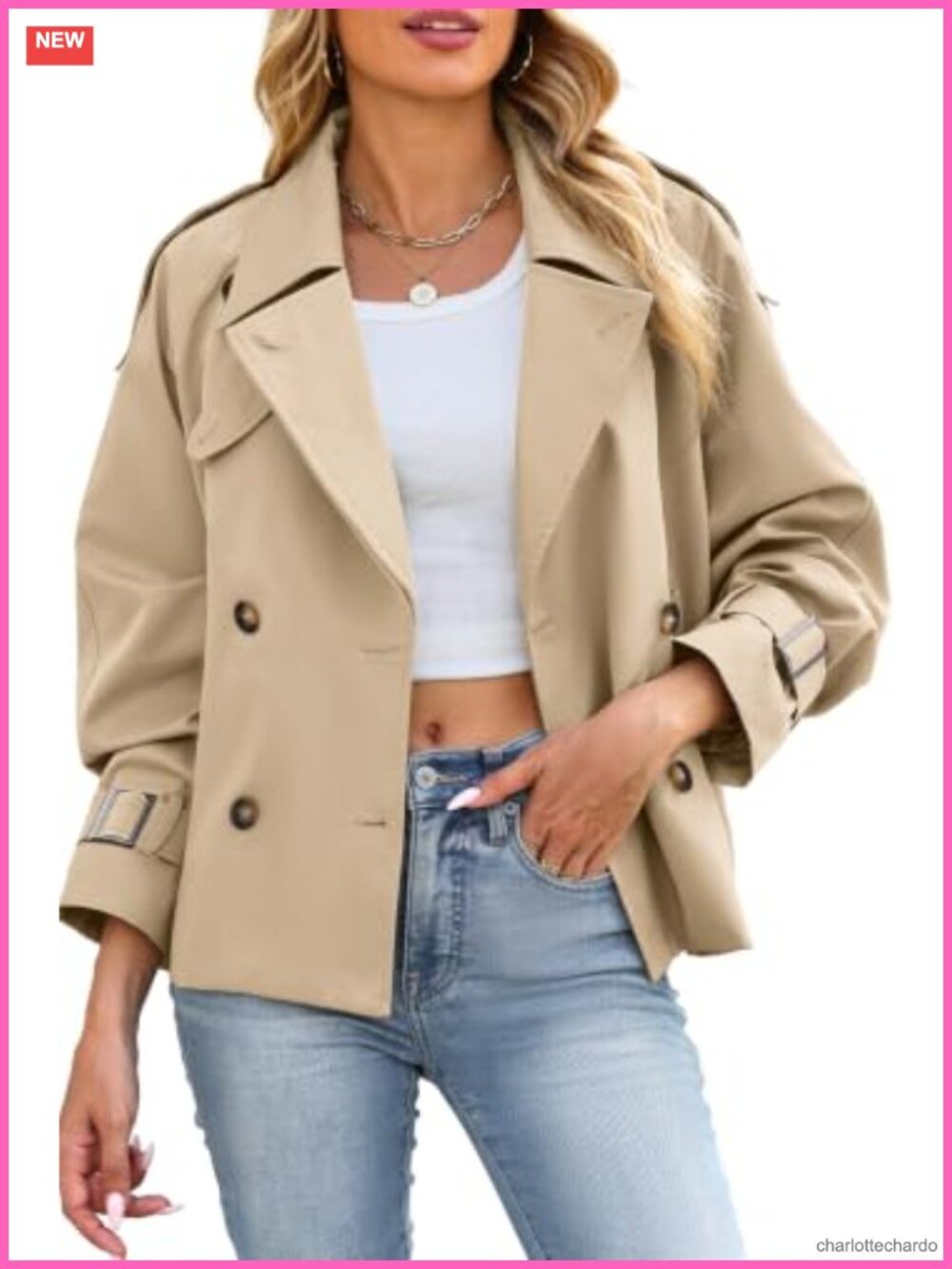 Cropped Trench Coat Double Breasted Windproof Lightweight Womens Jacket